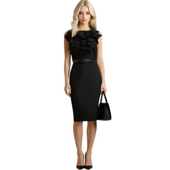 Emma & Michele Ruffle Front Sheath Black Dress Size 8 - Picture 1 of 11